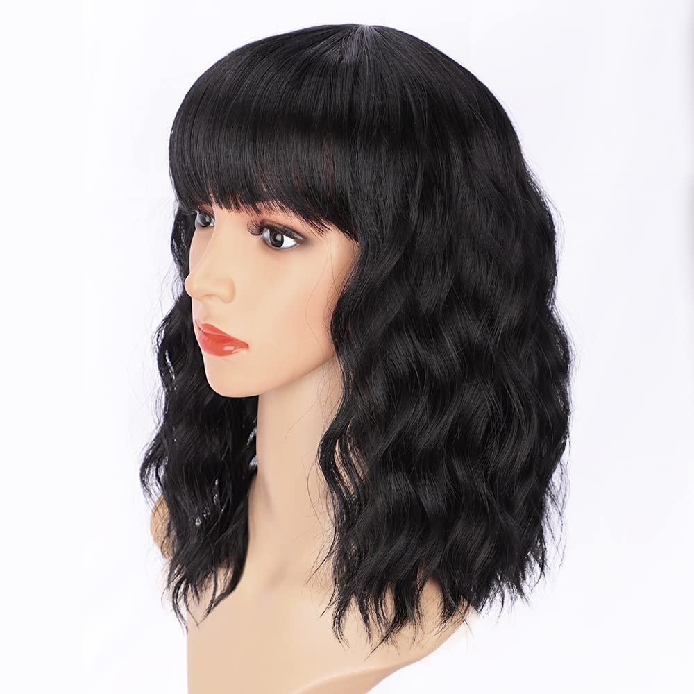 AISI HAIR Bob Curly Wig Synthetic Short Black Wig with Bangs Natural Looking Hea