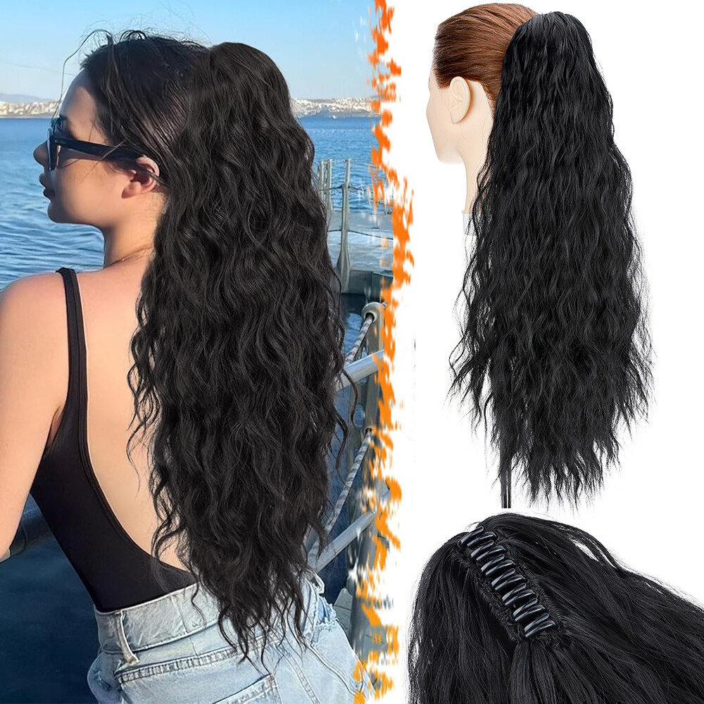 Long Thick Deep Curly Wavy Ponytails Synthetic Claw Clip-In Hair Extension Black