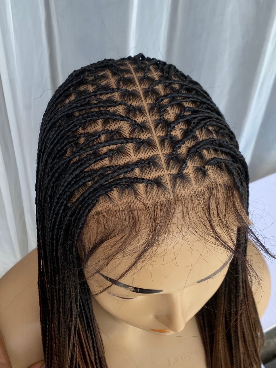 Braided Lace Front Wig Black Brown Straight Middle-Part Long – hand made