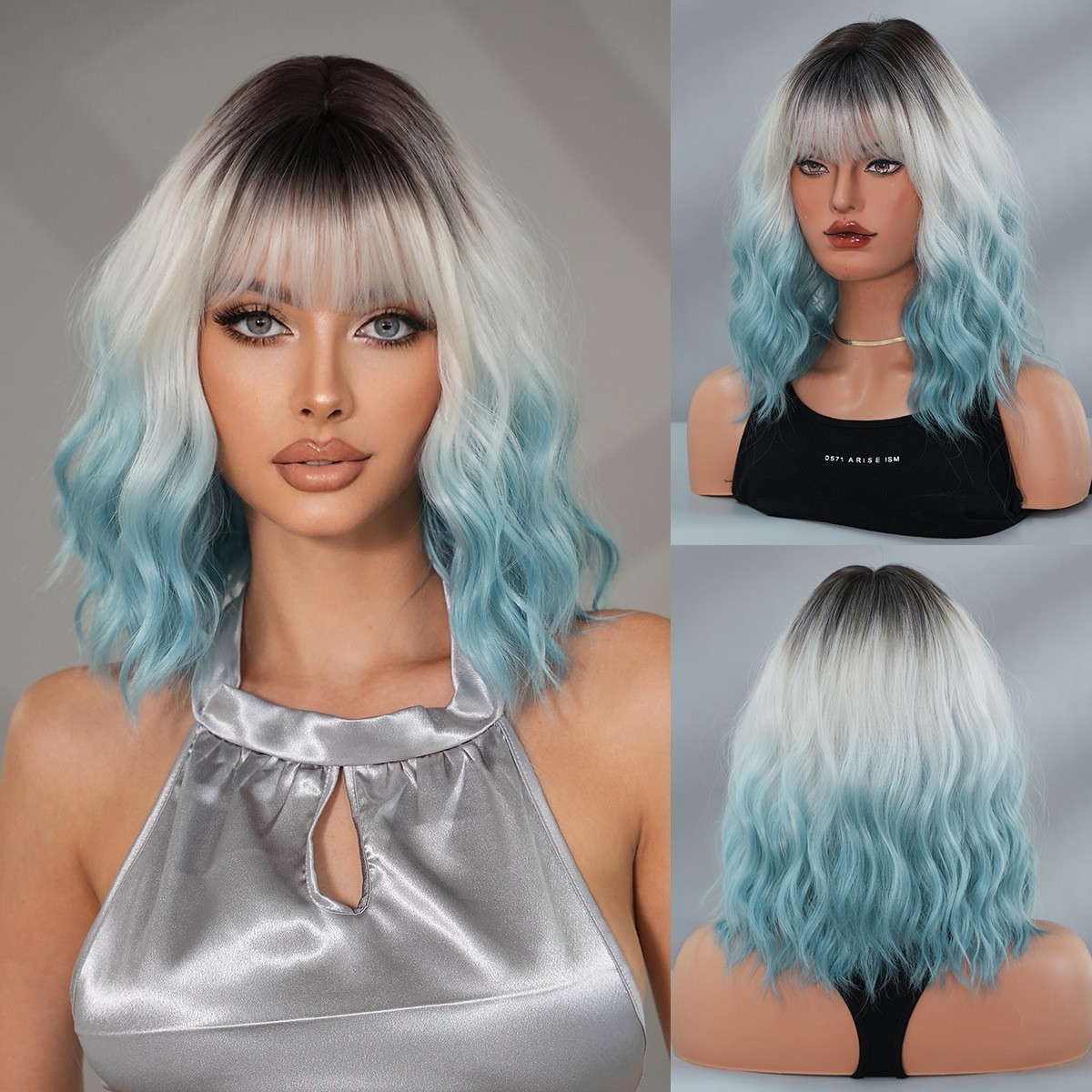 Ombre Blue Cosplay Wig Short Bob Wavy Wigs With Bangs for Women Girls Party Dai