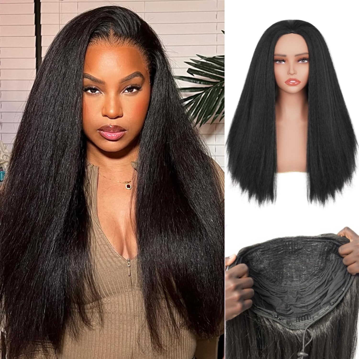 Kinky Straight Half Wig 3-In-1 Soft Synthetic Adjustable 22in #1B Natural Black