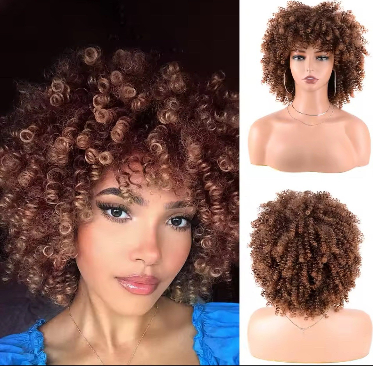 Curly Afro Wig for Women, Black/Brown Fashion Theme Full Head Hairpiece