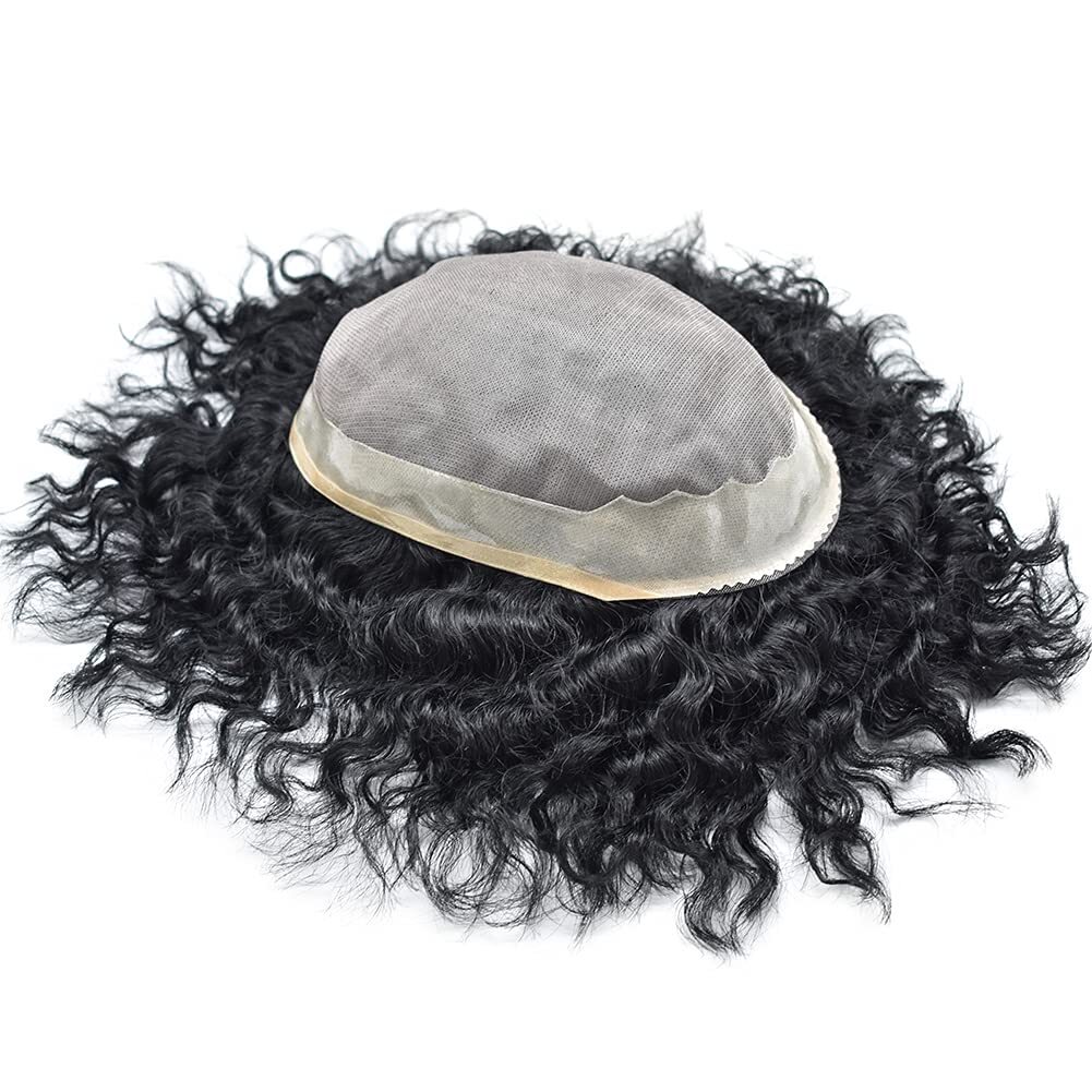 Afro Curly Wavy Human Hair Replacement System Mono Poly NPU Wig Mens ToupeeUS