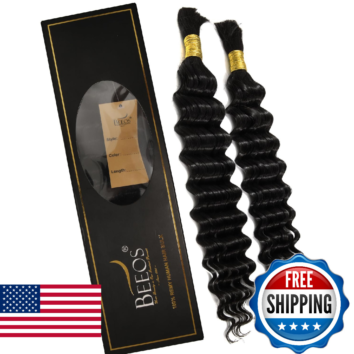 BEEOS #1 Jet Black Boho Hair for Braiding, Deep Wave Bulk Human Hair for Knotles