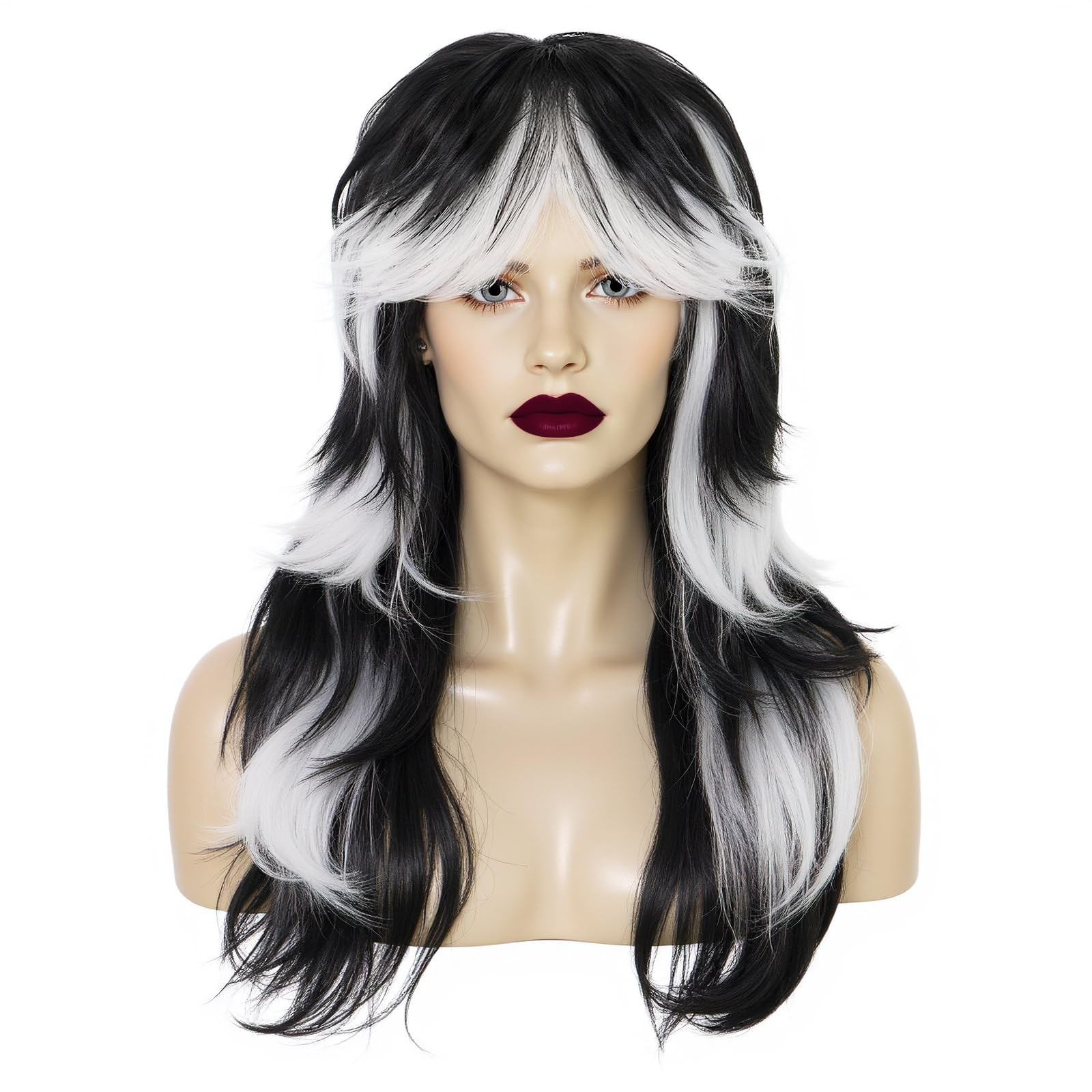IMEYLE Black and White Wig Long Black White Gradient Wavy Wigs Layered Wolf C…