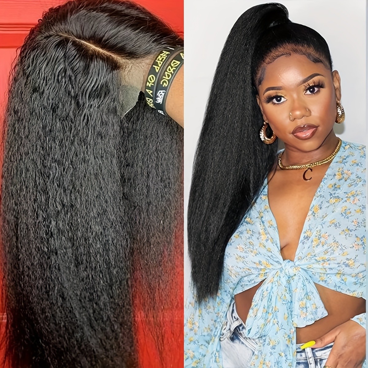 Kinky Straight Lace Front Wig Pre Plucked Natural Hairline 13×4 Black Hair Soft