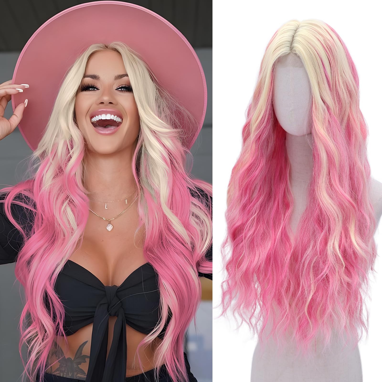 Pink and Blonde Wig-Long Pink Blonde Wigs For Women Synthetic Wig Heat Resist…