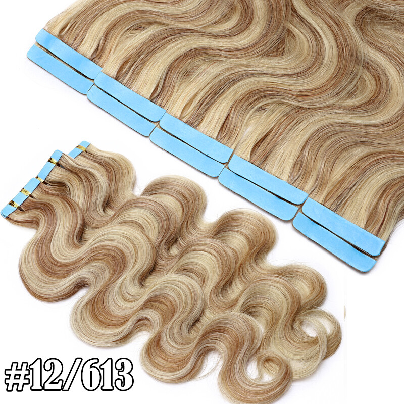 20/40/60pcs Thick Tape In Human Hair Extensions Skin Weft Body Wave Curly #Brown