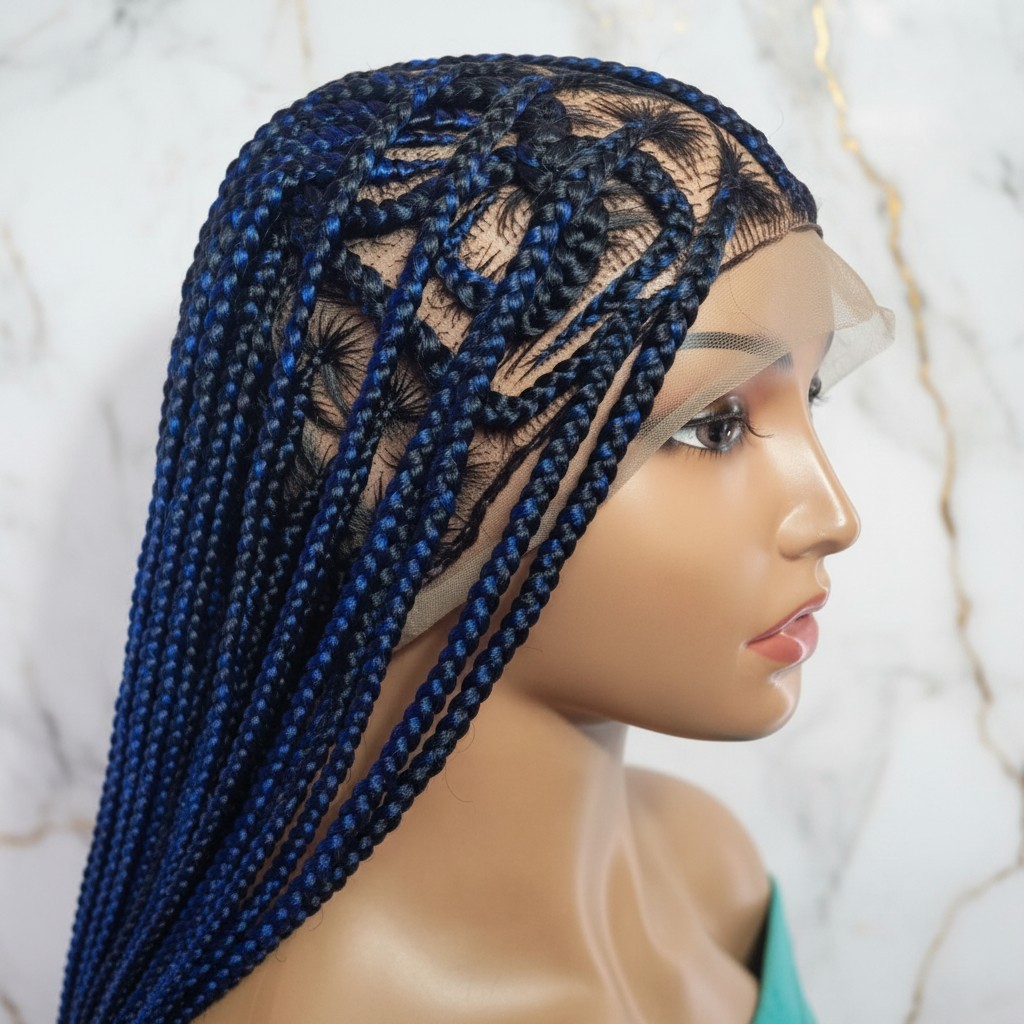 Braided Wig Full Lace Baby Hair. Blue & Black Braids. 32 inches