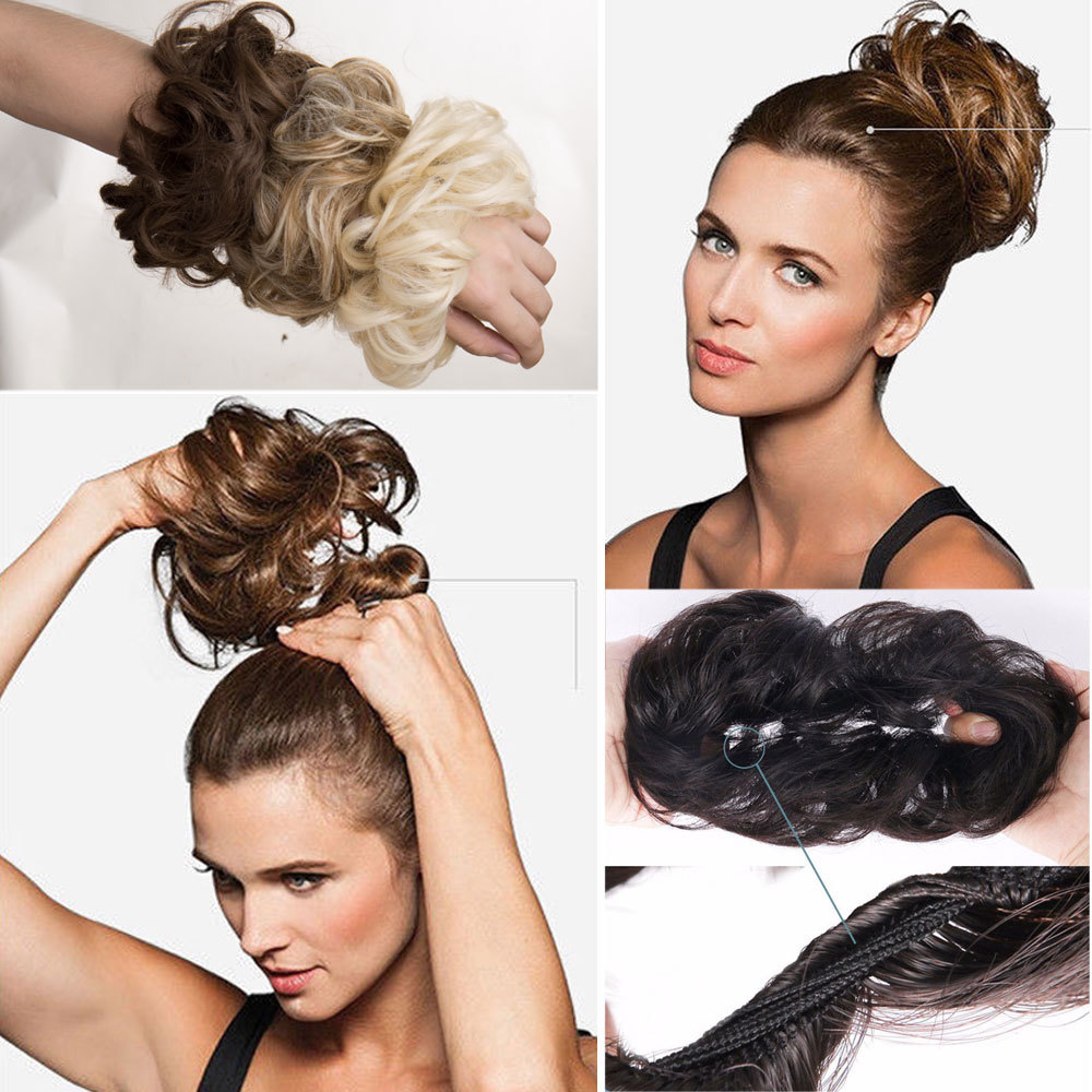 Real Natural Curly Messy Bun Hair Piece Scrunchie Hair Extensions Chignon Grey H
