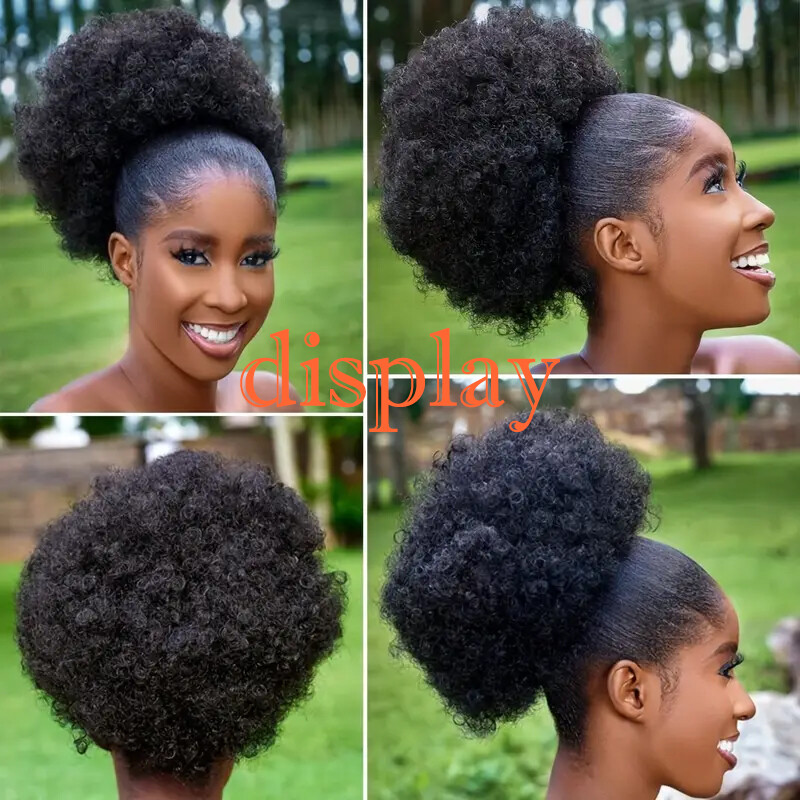 Clip in Human Afro Puff Drawstring Ponytail Bun Scrunchie Updo Chignon Hairpiece