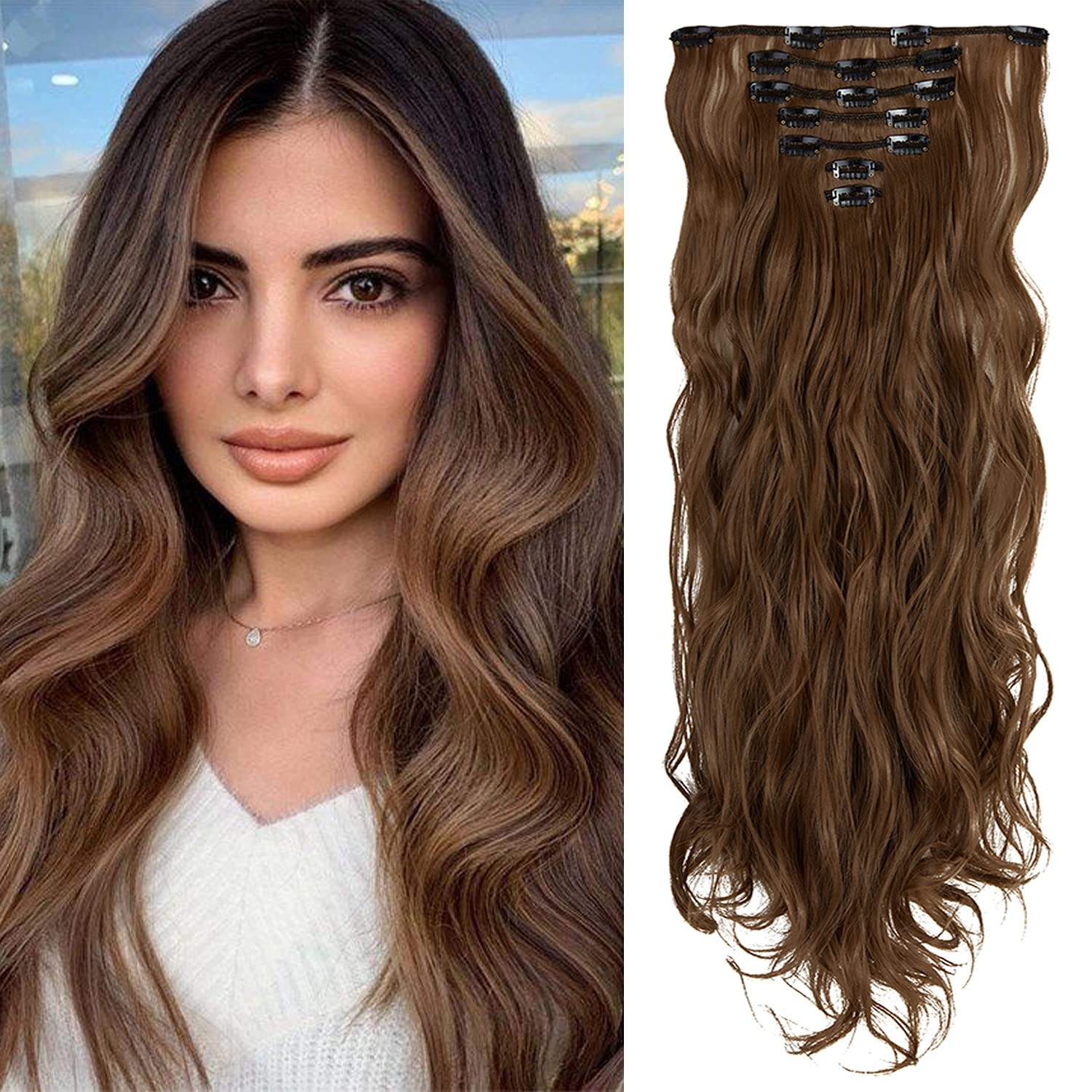 Clip in Hair Extensions 7 PCS Full Head 24 Inch Curly Wave Synthetic Clip Hai…