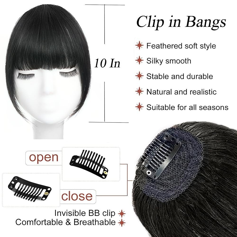 Straight Clip in Bangs Jet Black Color Human Hair Wispy Bang Extensions 6 inch