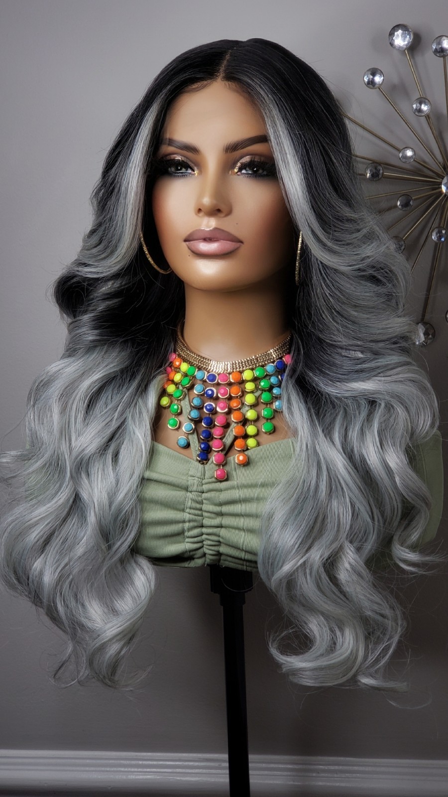 New Long Curly Money Piece Silver Gray Black Lace Front Wig Womens Wavy Style