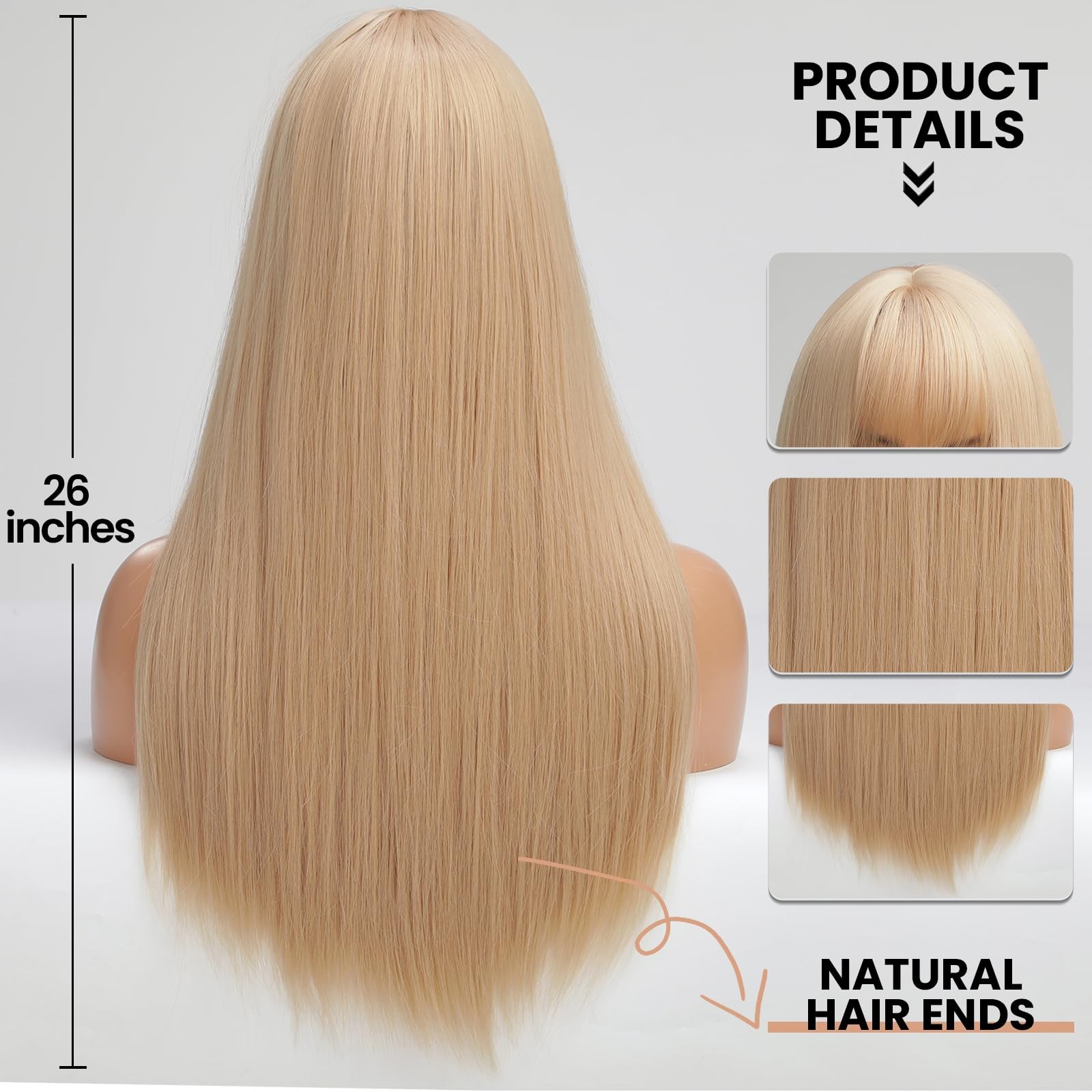 Light Blonde Wig With Bangs For Women Long Straight Wigs wig Synthetic For Gi…