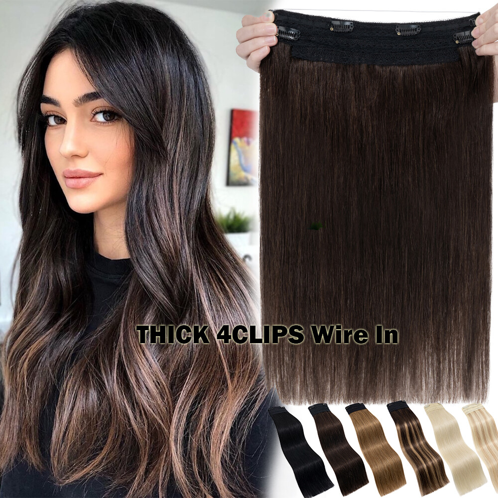 THICK Wire In Headband Clip In Remy Human Hair Extensions Hidden Crown ONE PIECE
