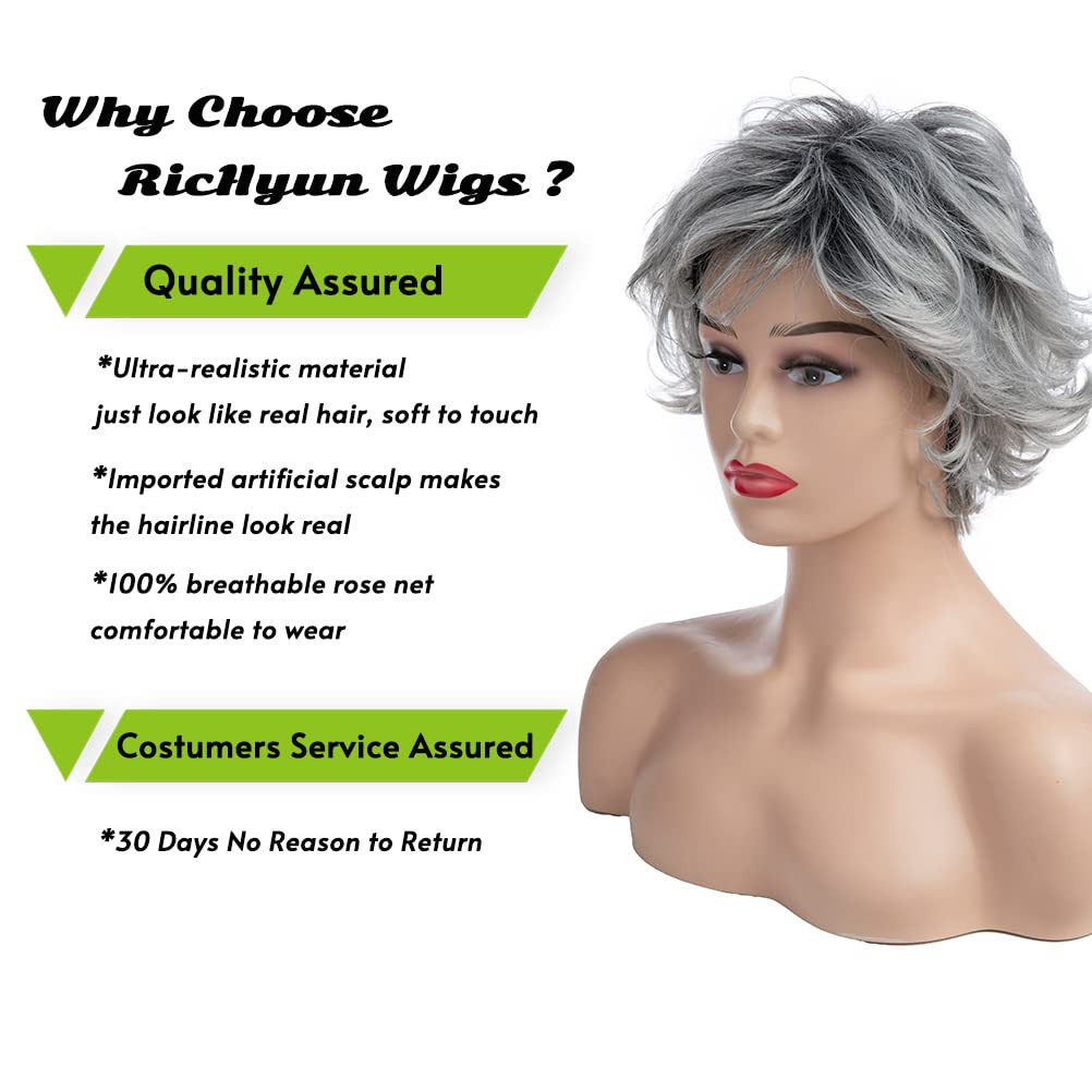 Silver Grey Wigs for White Women Short Highlighted Layered Gray Wavy Wig