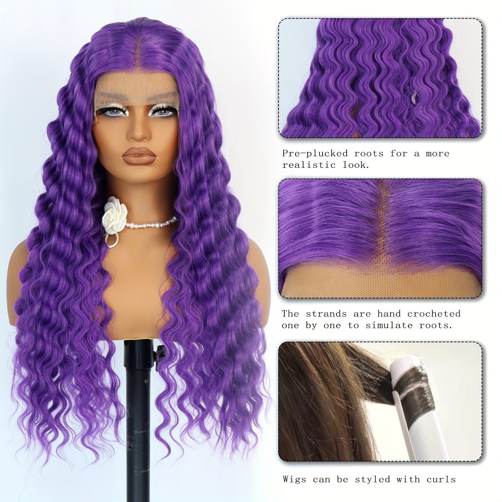 Long Deep Wave Glueless Lace Front Wigs Purple Hair Heat Resistant Women Party
