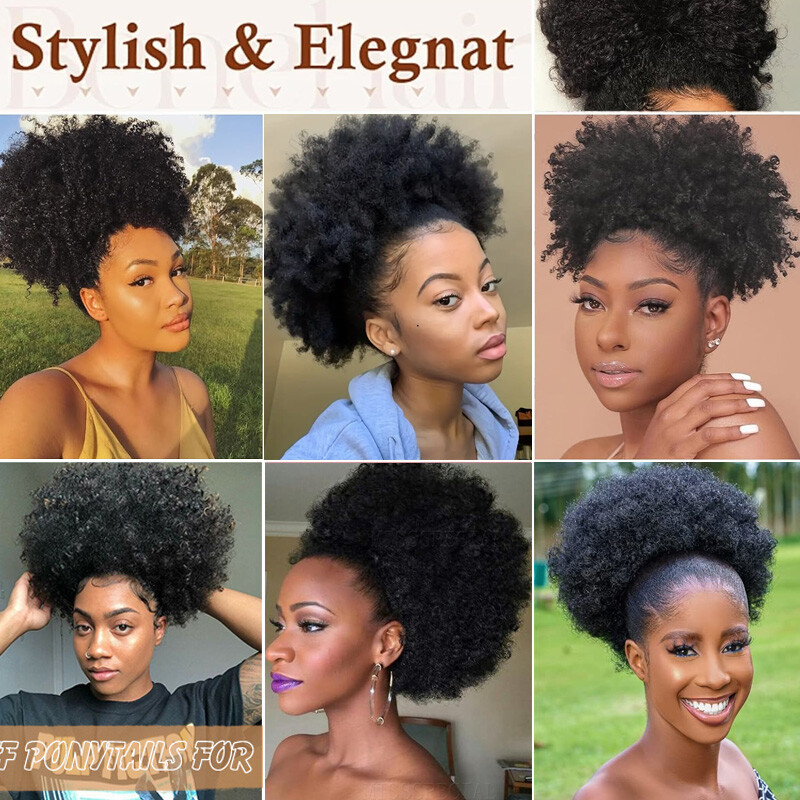 Extra Large Afro Kinky Curly Puff Bun Clip in Human Hair Extensions Ponytail US