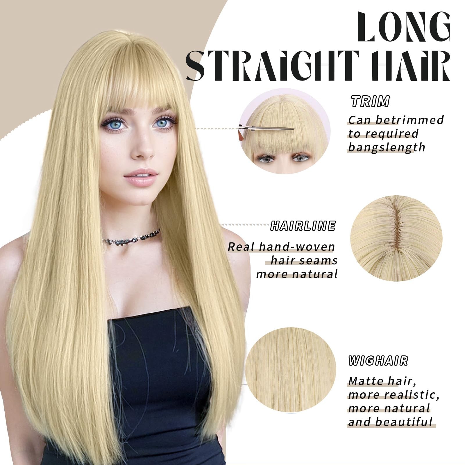 Long Blonde Wig with Bangs Straight Blonde Wig for Women Natural Looking Hair…