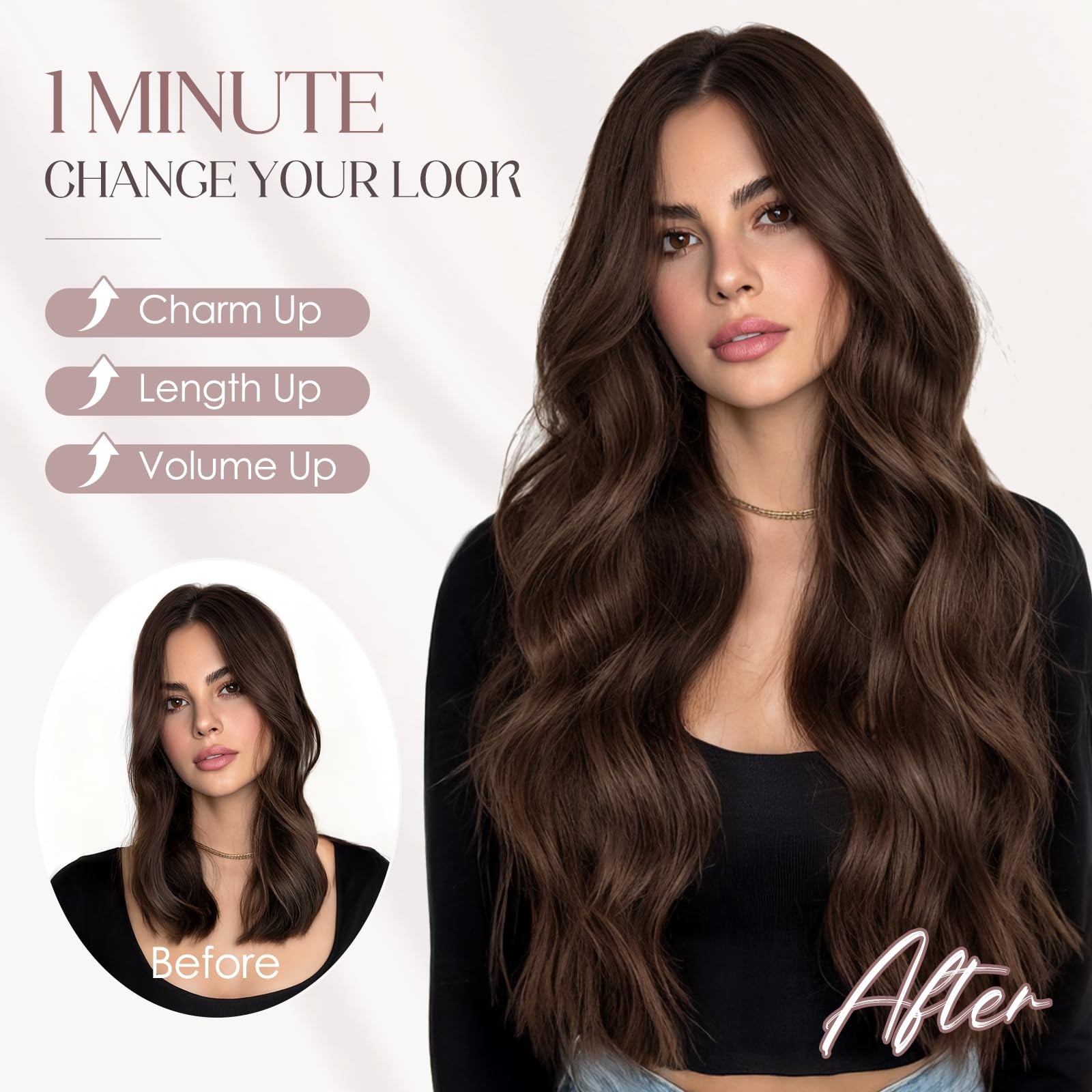 My-Lady Wavy Halo Hair Extensions Real Human Hair For Women Medium Brown Clip