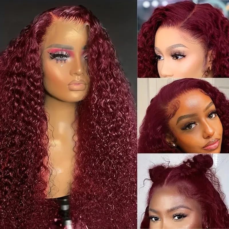 mdgfge 26 Inch Burgundy Deep Wave Lace Front Wigs Synthetic Human Hair Pre