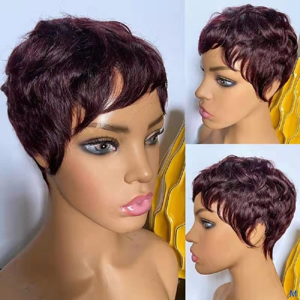 Short Bob Wig Human Hair Red Burgundy Pixie Cut Wig for Black Women Layered Cut