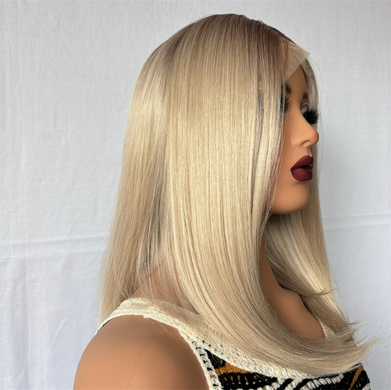 Ombre Blonde Straight Bob Wigs Brown Roots 100% Human Hair Lace Front Wigs 13×4