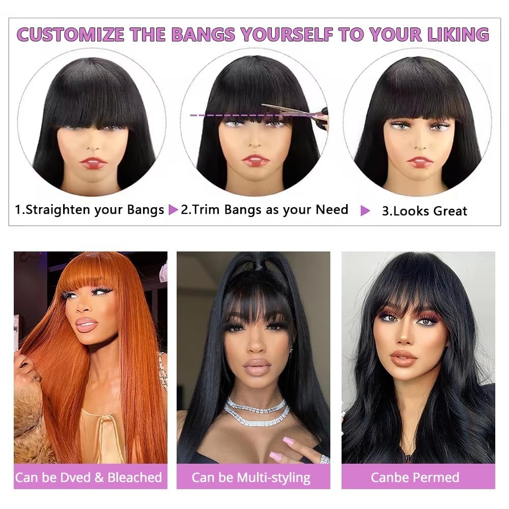 Straight Human Hair Wigs with Bangs None Lace Front Wigs Human Hair