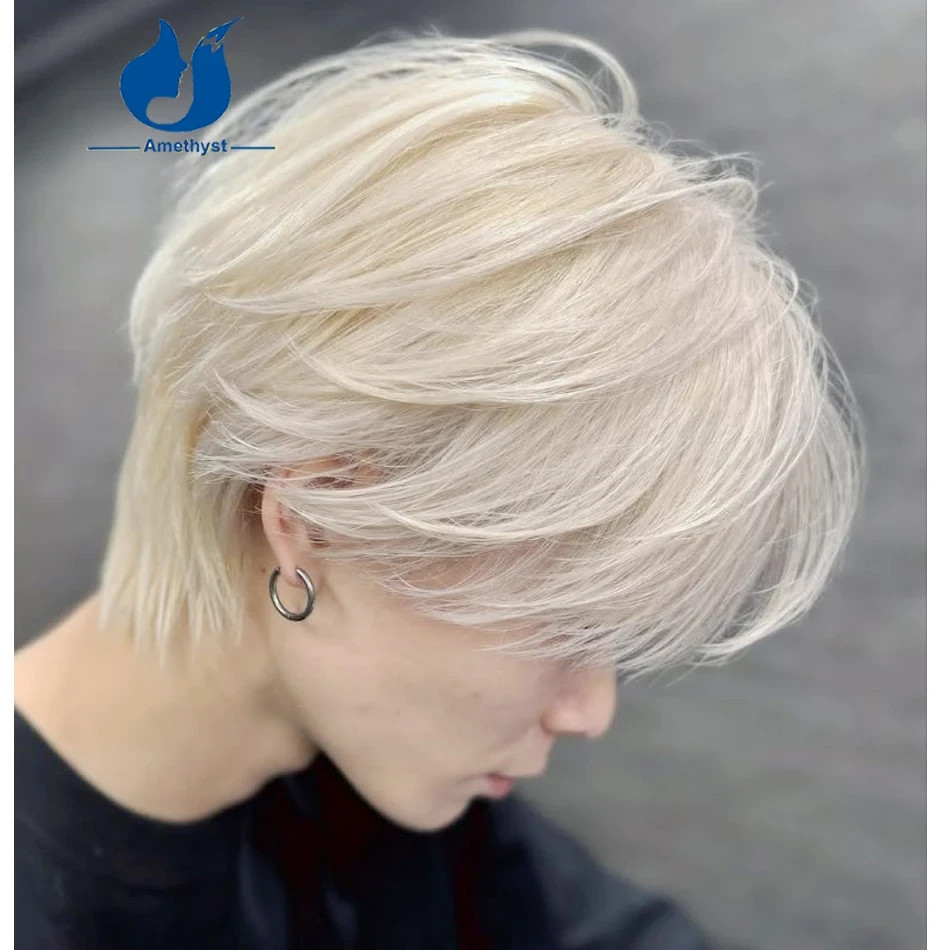 Men’s White Platinum Wolf Cut Short Bob 13×4 Lace Front Wig Human Hair Layered