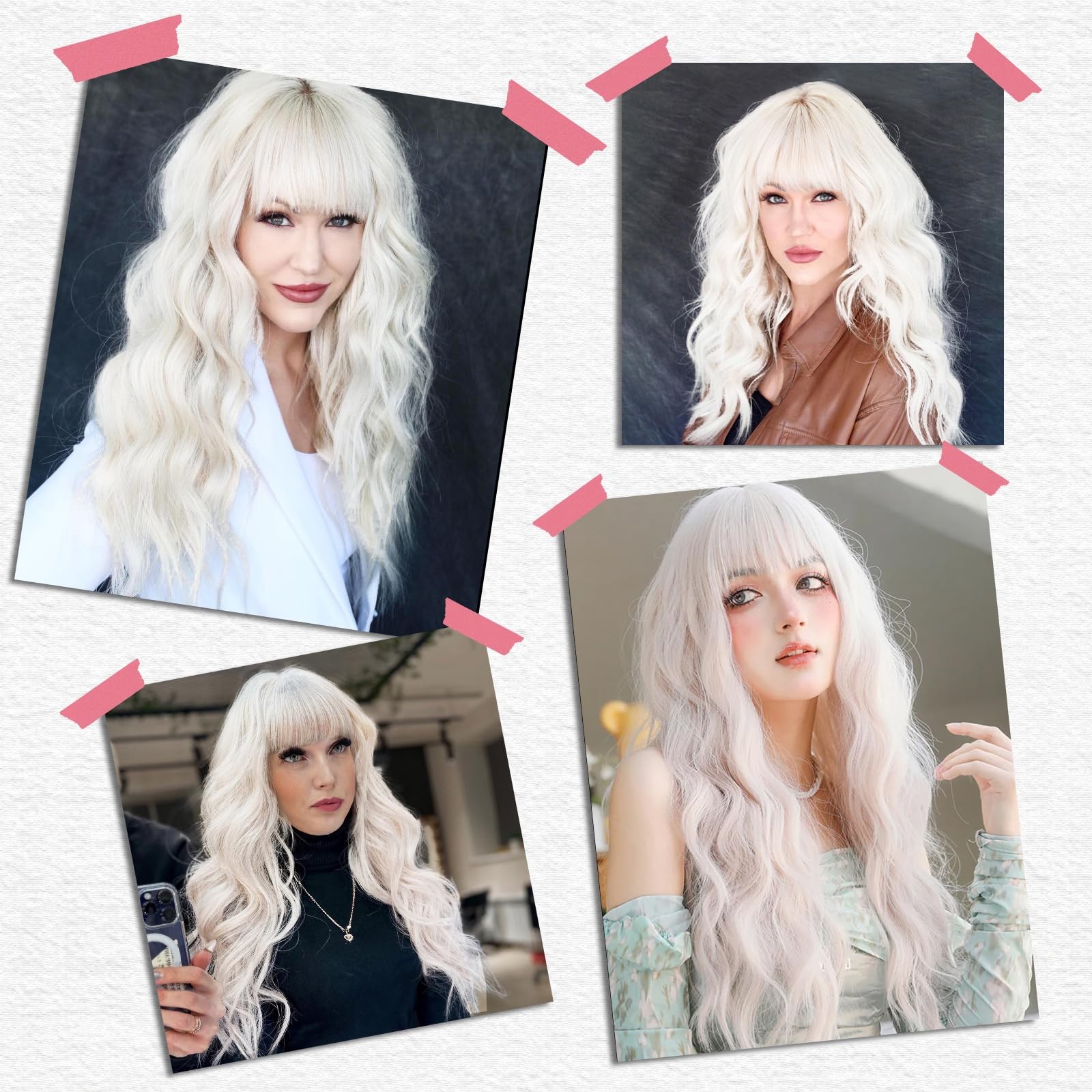 Long White Wavy Wig with Bangs 26 Inches Natural Looking Synthetic Heat Resis…