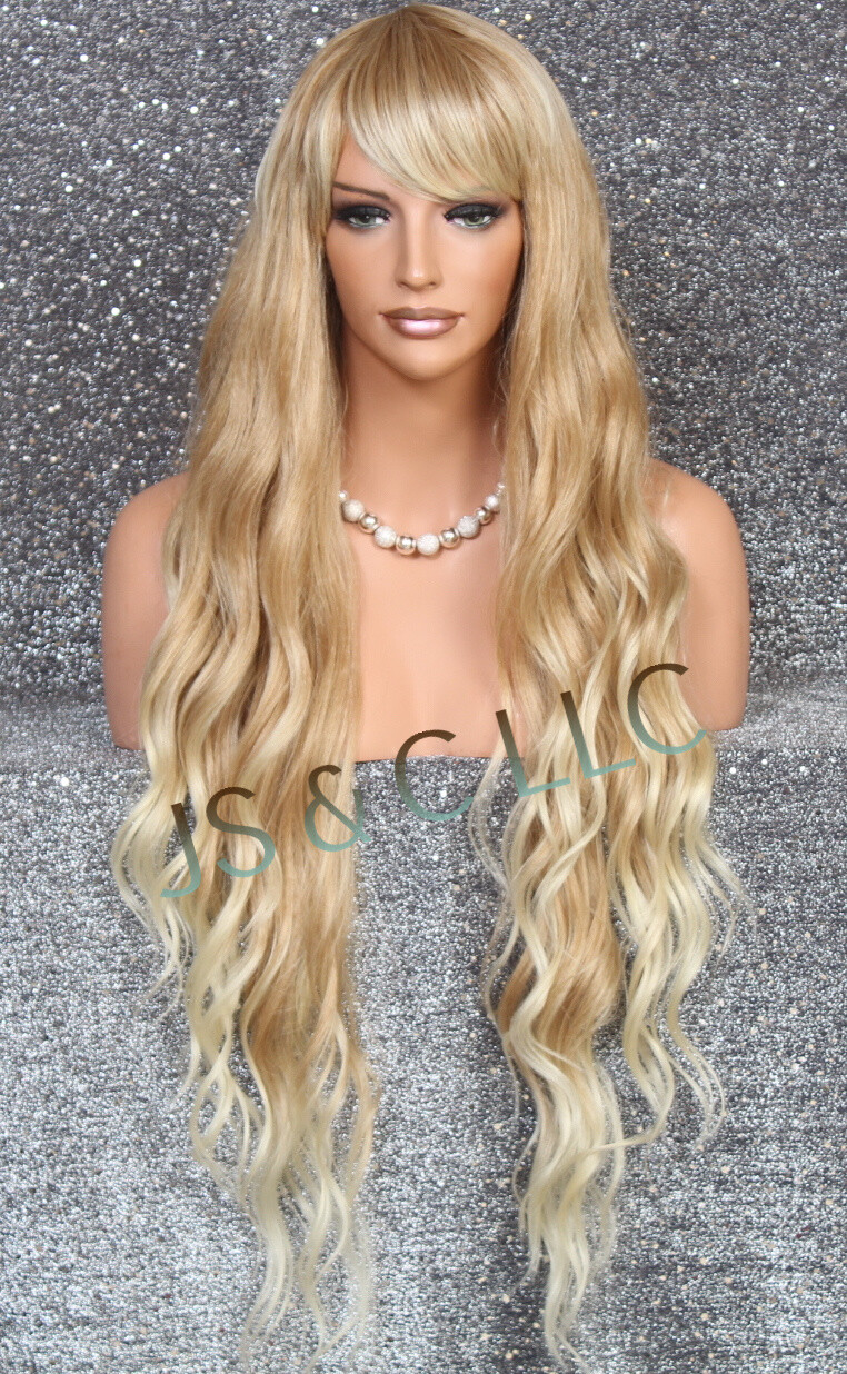 Human Hair Blend 40″ Long Full Wig Heat OK Wavy Blonde mix bangs JSSH 27-613