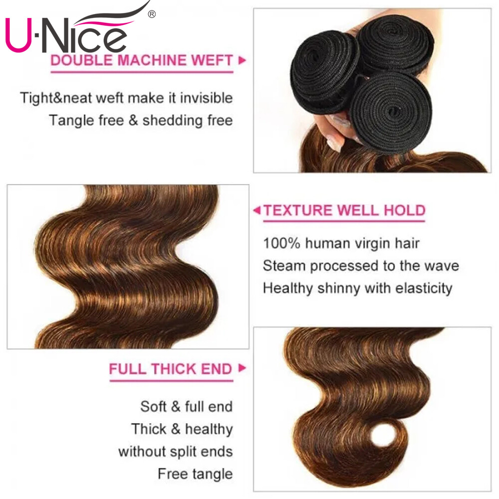 UNice Cambodian Ombre Brown Body Wave Hair Weaves 3 Bundles Human Hair Extension