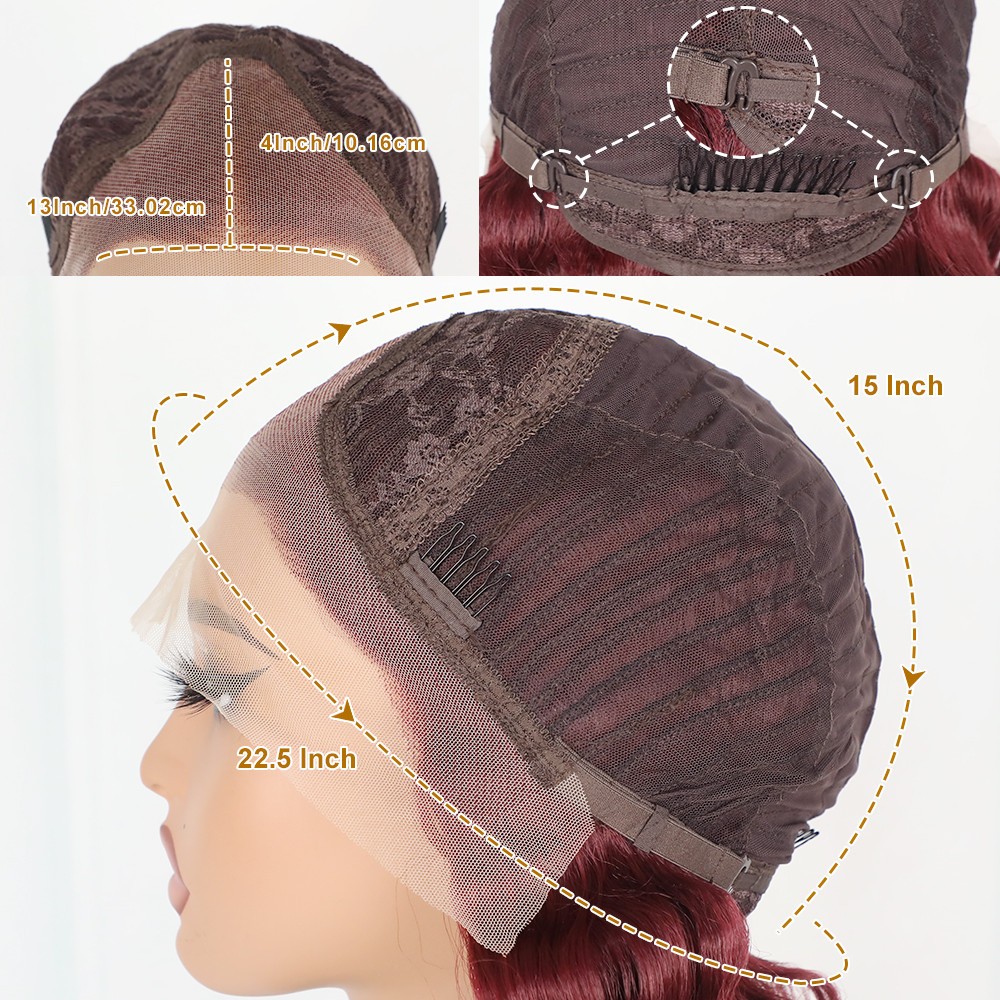 13×4 Deep Wave Lace Front Wigs Wine Red Color Women Long Curly Hair Pre Plucked