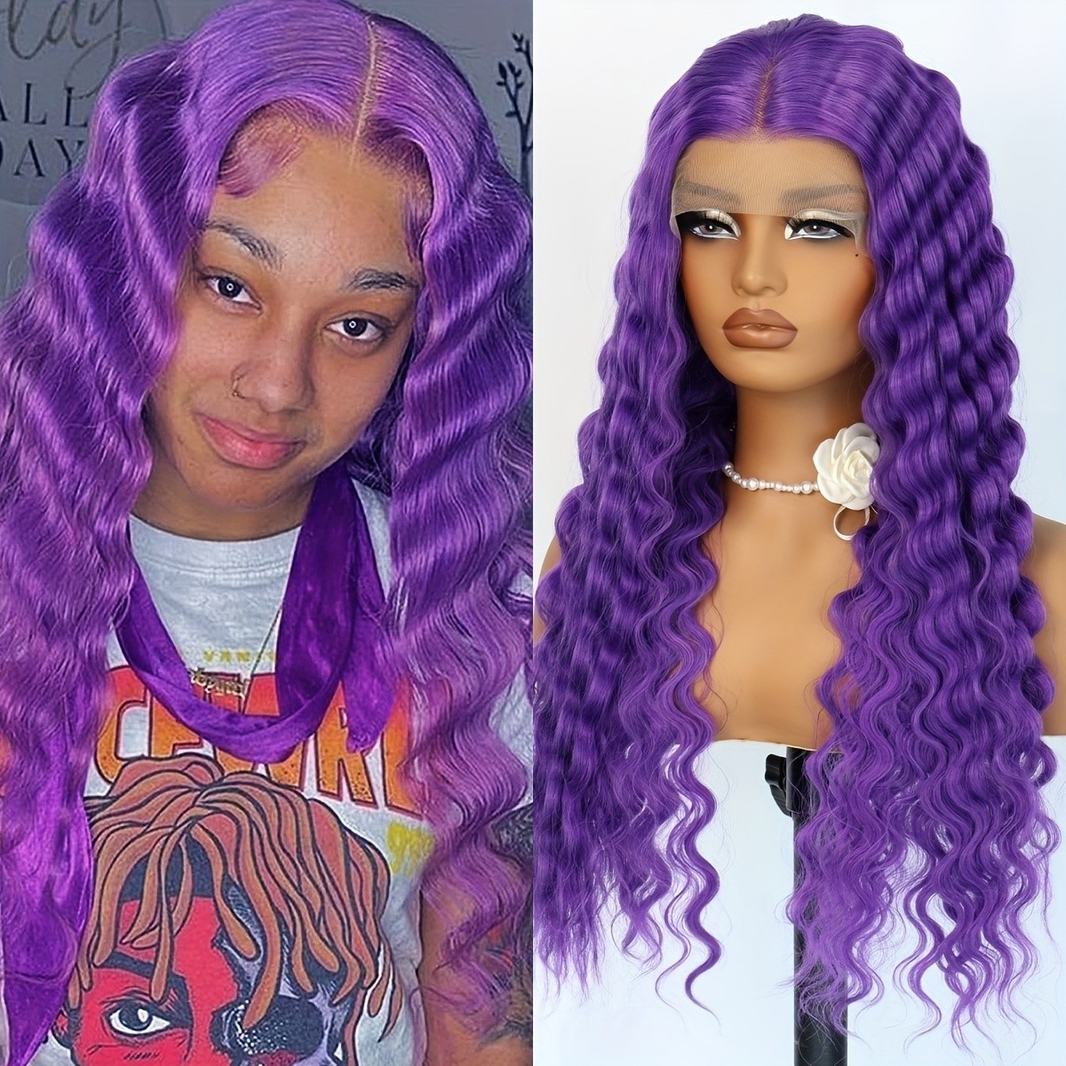 Long Deep Wave Glueless Lace Front Wigs Purple Hair Heat Resistant Women Party