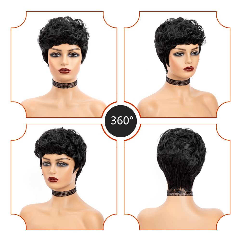 Natural Black Pixie Cut Wig for Black Women Synthetic Pixie Wigs Curly…