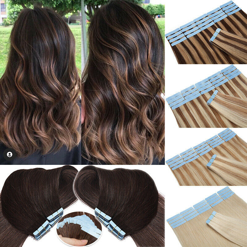 Tape in Real Human Hair Extensions Skin Weft Remy Hair Highlight Ombre 16-26inch