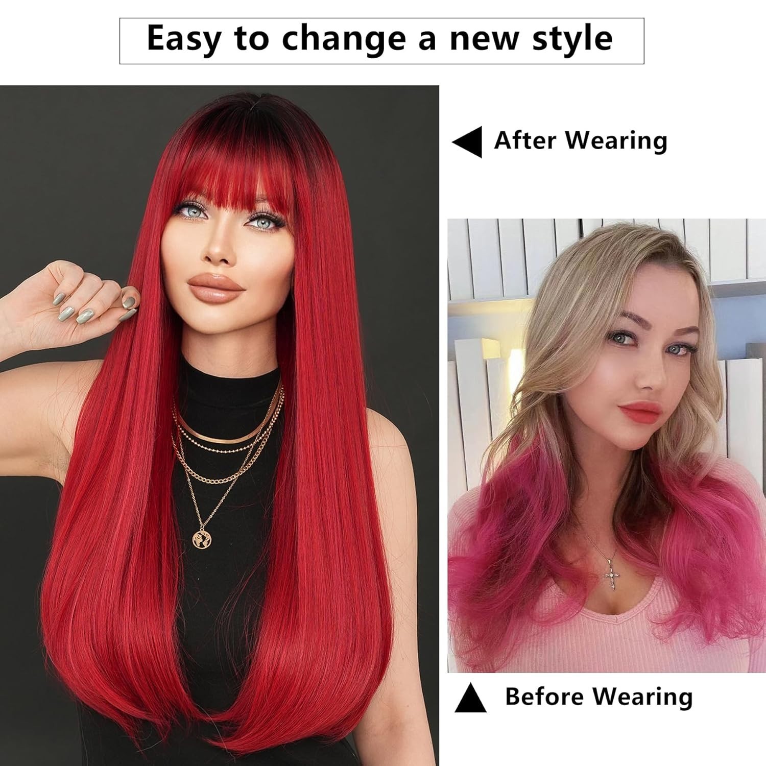 7JHH WIGS Long Straight Dark Red Wig with Bangs 28in Red Wig with Black Roots