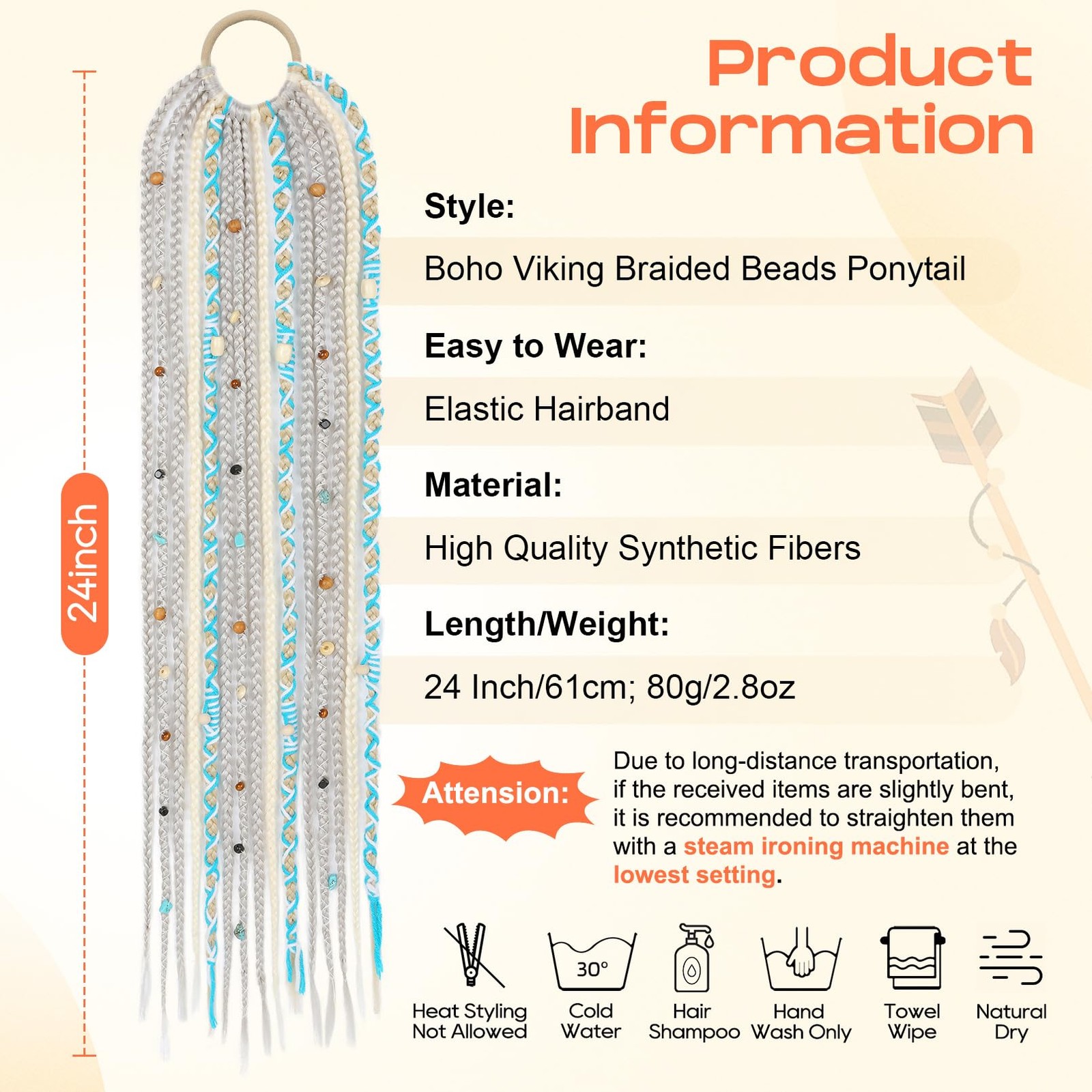 SEIKEA Boho Braided Ponytail Extension 24 Inch(Pack of 1), Grey with Blonde