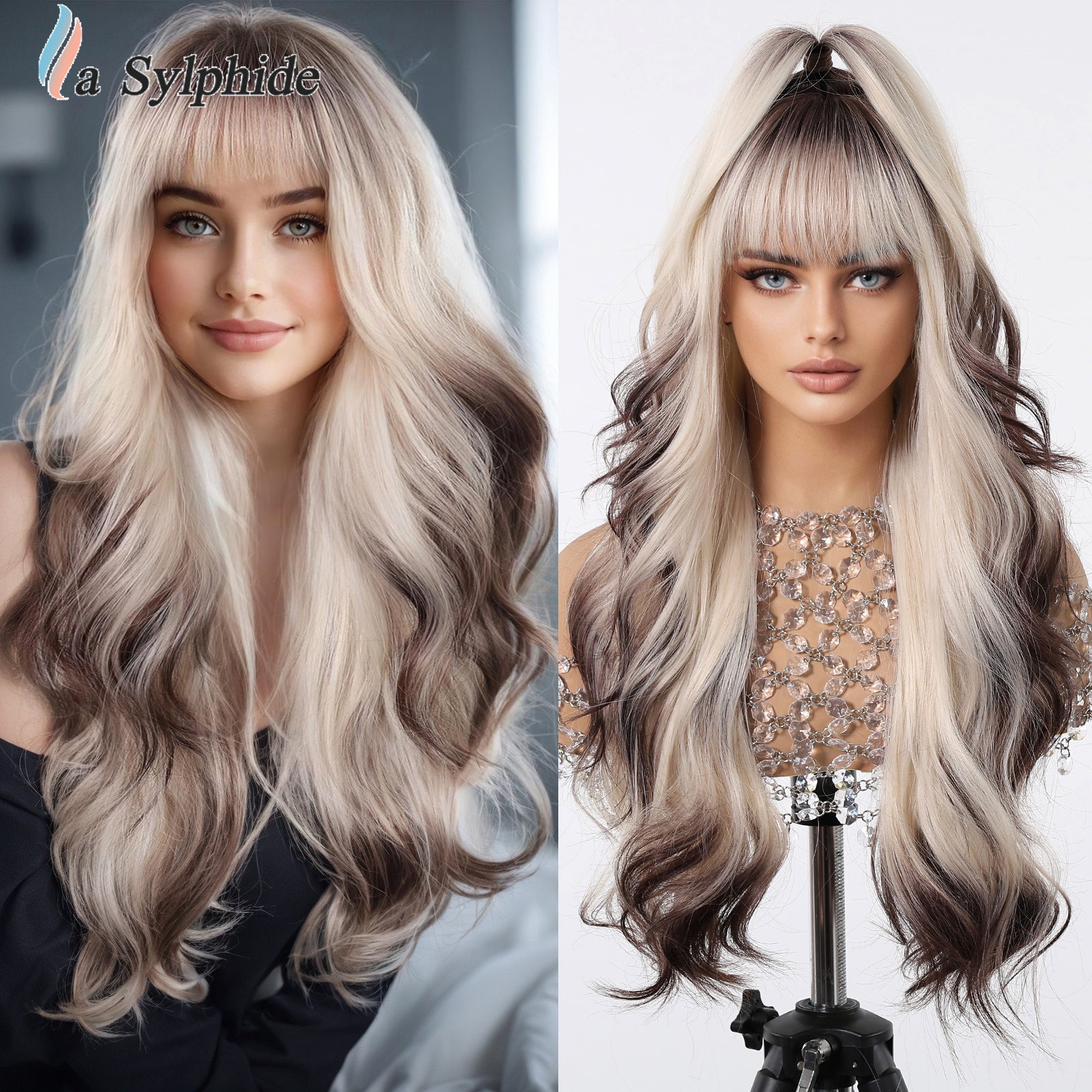 Black Brown Ombre Long Curly Wig with Bangs Natural Synthetic Wig for Festival