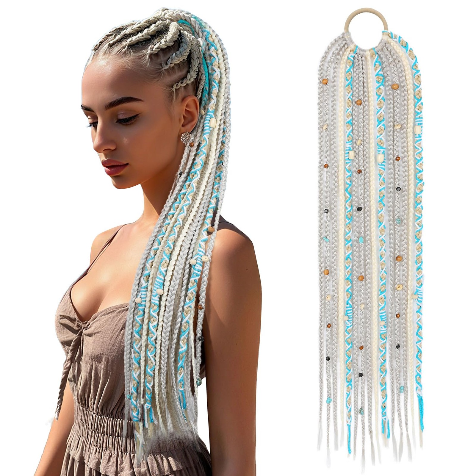 SEIKEA Boho Braided Ponytail Extension 24 Inch(Pack of 1), Grey with Blonde