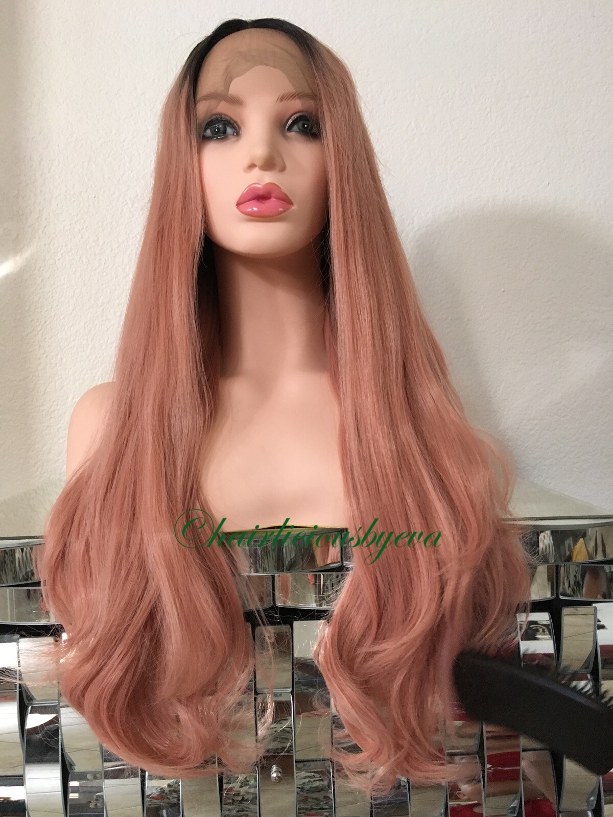 Pink rose gold Black Ombre lace front wig Wavy Layered Heat Ok 26 Inch Long