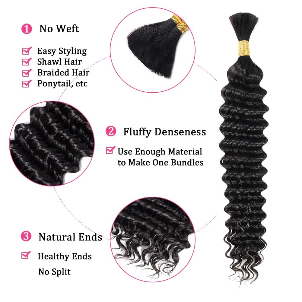 Lemeiily Human Braiding Hair 1 Bundle 50G 26Inch Deep Wave Bulk Human Hair For