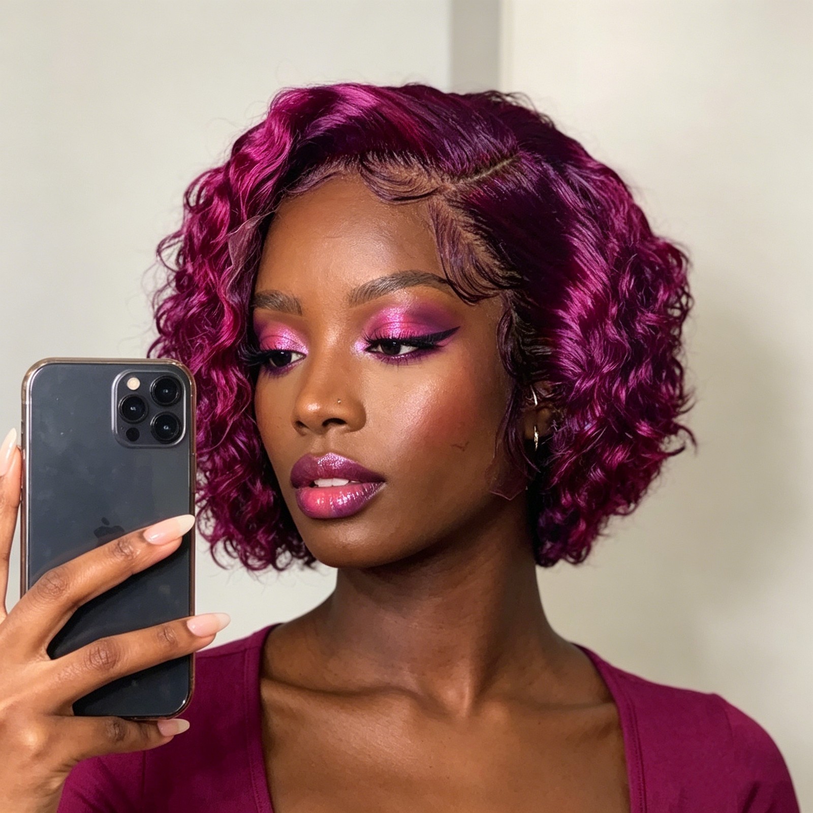 Short Water Wave Purple Human Hair Lace Front Wigs T Part Pixie Cut Curly Wig 8″