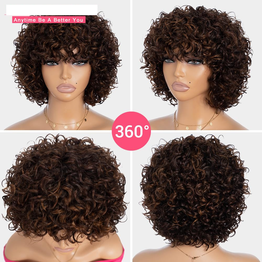 8″ Curly Wig with Bangs, 10A Brazilian Virgin Hair, Mixed Brown