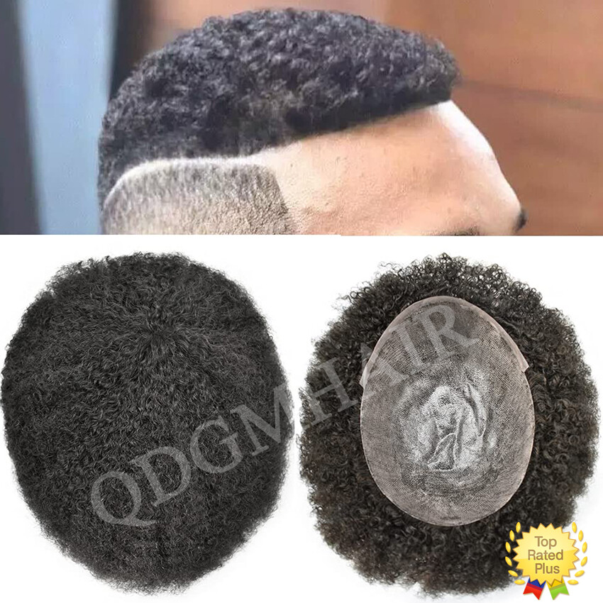 Afro Curly Men Toupee Hairpiece Full Poly Human Hair Replacements Jet Black 6MM