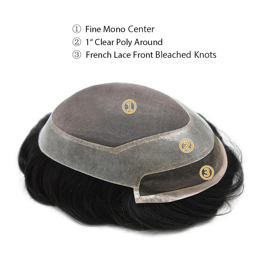 Mens Toupee French Lace Front Hair Piece System Fine Mono Poly Skin Wig for Men