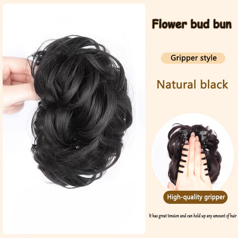 Women Fluffy Curly Bun Hair Clip On Synthetic Flower Bud Hairpiece Wig