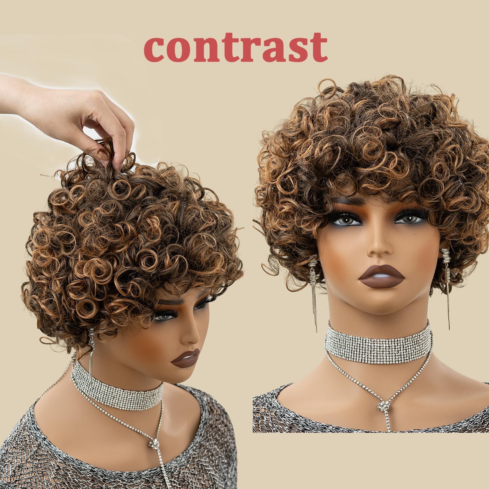 MUJGOO Short Curly Wig for Black Women Brown Highlight 22.5 Inch,
