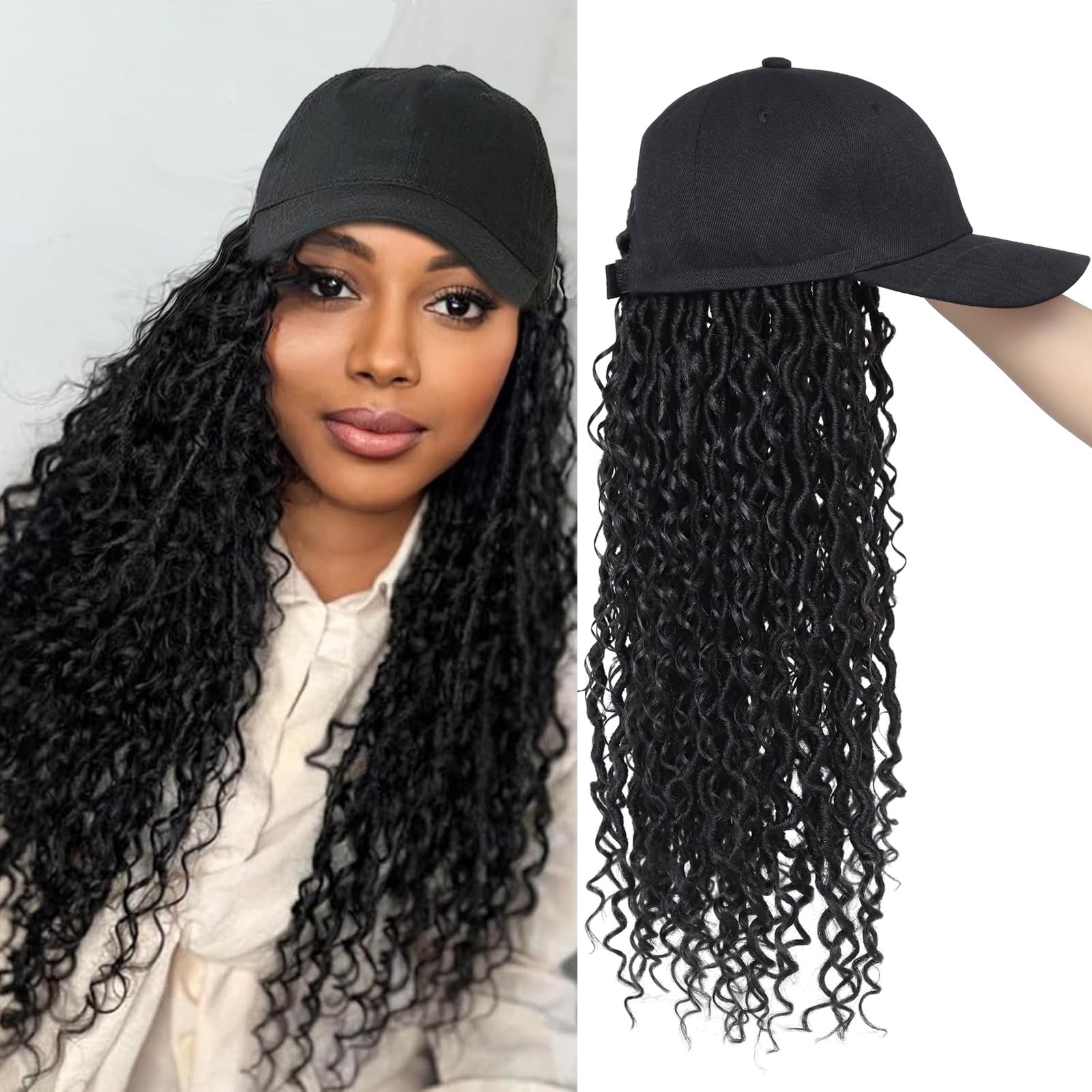 Braided Baseball Cap Faux Locs Curly Braid Hair Extensions with Hat Black Col…